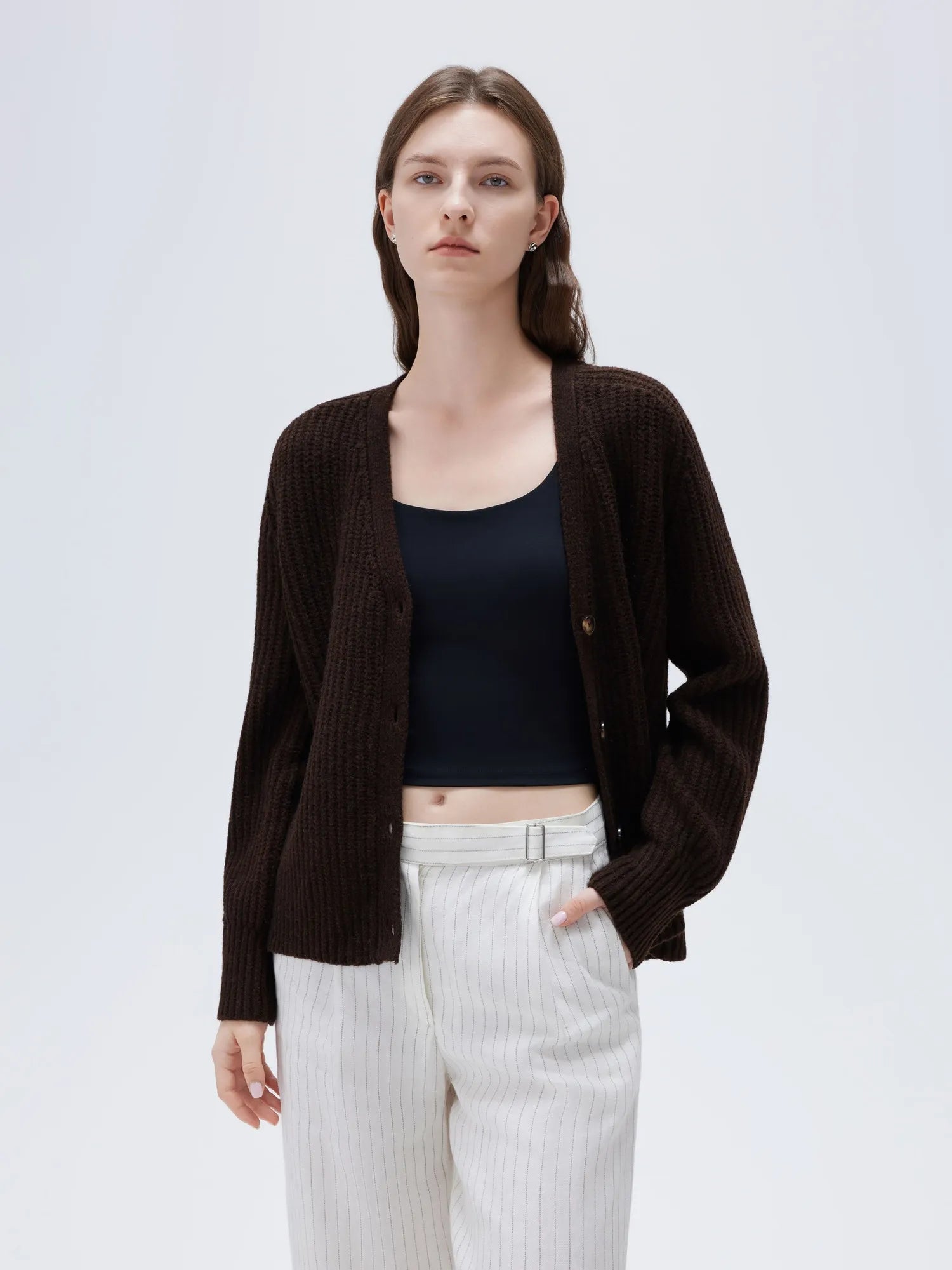 SUUKSESS Women Long Sleeve Button Down Short Cardigan 2025 Fall Loose Open Front Knit Sweater-SUUKSESS-Brown-XS-SUUKSESS
