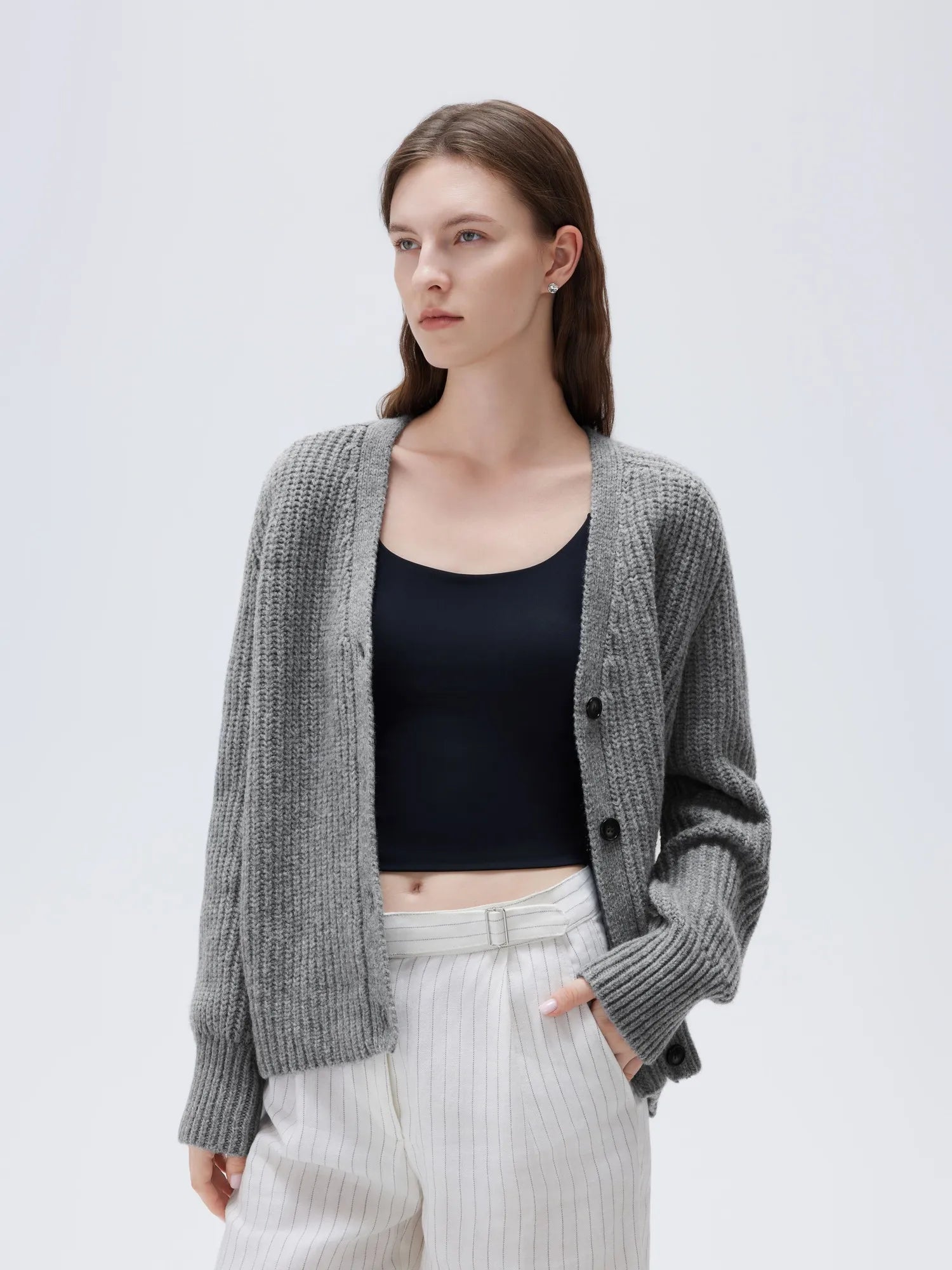 SUUKSESS Women Long Sleeve Button Down Short Cardigan 2025 Fall Loose Open Front Knit Sweater-SUUKSESS-Gray-XS-SUUKSESS