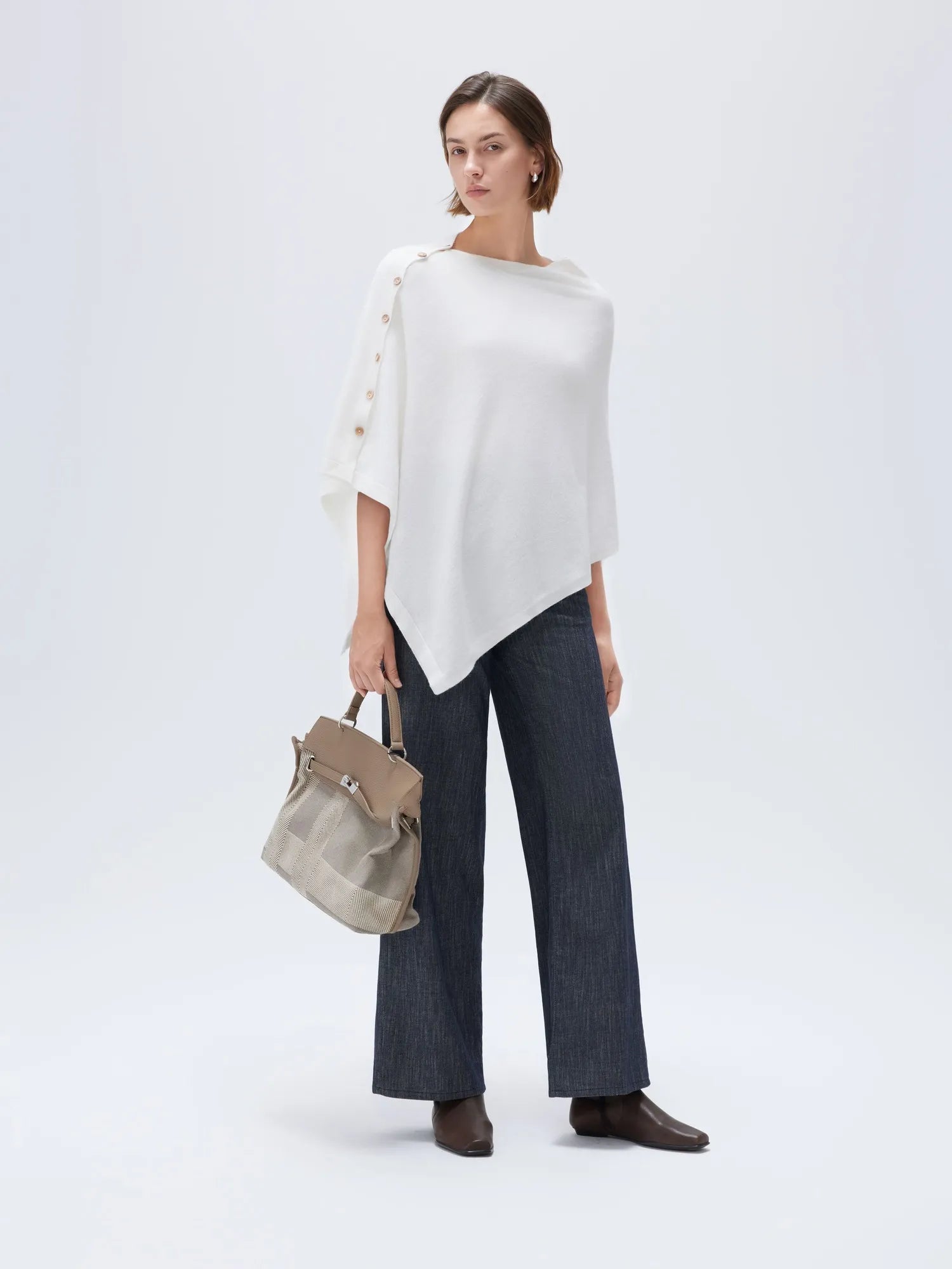 SUUKSESS Women Cashmere Knit Poncho Shrug Bolero Lightweight Shawl Wraps Pullover Sweater-SUUKSESS-White-SUUKSESS