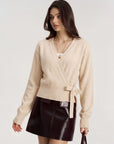 Wool V Neck Tie Waist Sweater - Long Sleeve-SUUKSESS-Oatmeal-XS-SUUKSESS