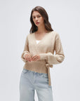 Wool V Neck Tie Waist Sweater - Long Sleeve-SUUKSESS-SUUKSESS
