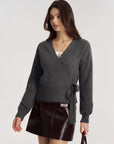 Wool V Neck Tie Waist Sweater - Long Sleeve-SUUKSESS-SUUKSESS