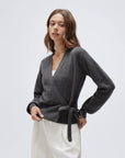 Wool V Neck Tie Waist Sweater - Long Sleeve-SUUKSESS-SUUKSESS