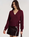 Wool V Neck Tie Waist Sweater - Long Sleeve-SUUKSESS-SUUKSESS