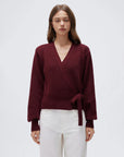 Wool V Neck Tie Waist Sweater - Long Sleeve-SUUKSESS-Wine-XS-SUUKSESS