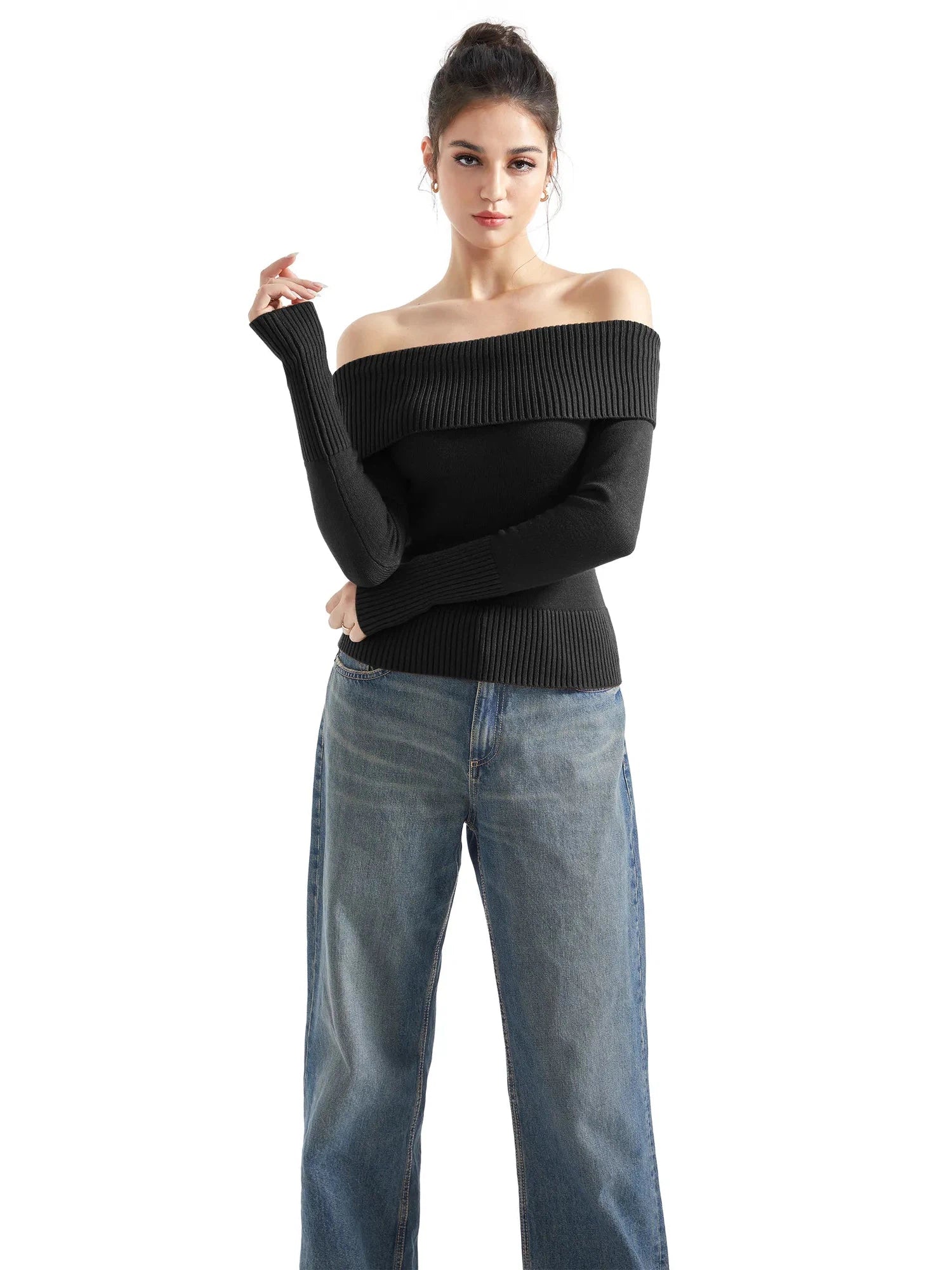 Ribbed Off Shoulder Sweater Shirt - Long Sleeve-SUUKSESS-Black-XS-SUUKSESS