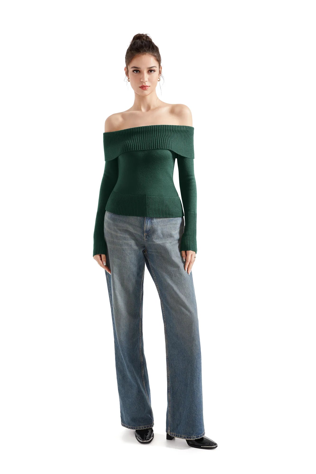 Geripptes, schulterfreies Pullover-Shirt – Langarm