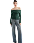 Geripptes, schulterfreies Pullover-Shirt – Langarm