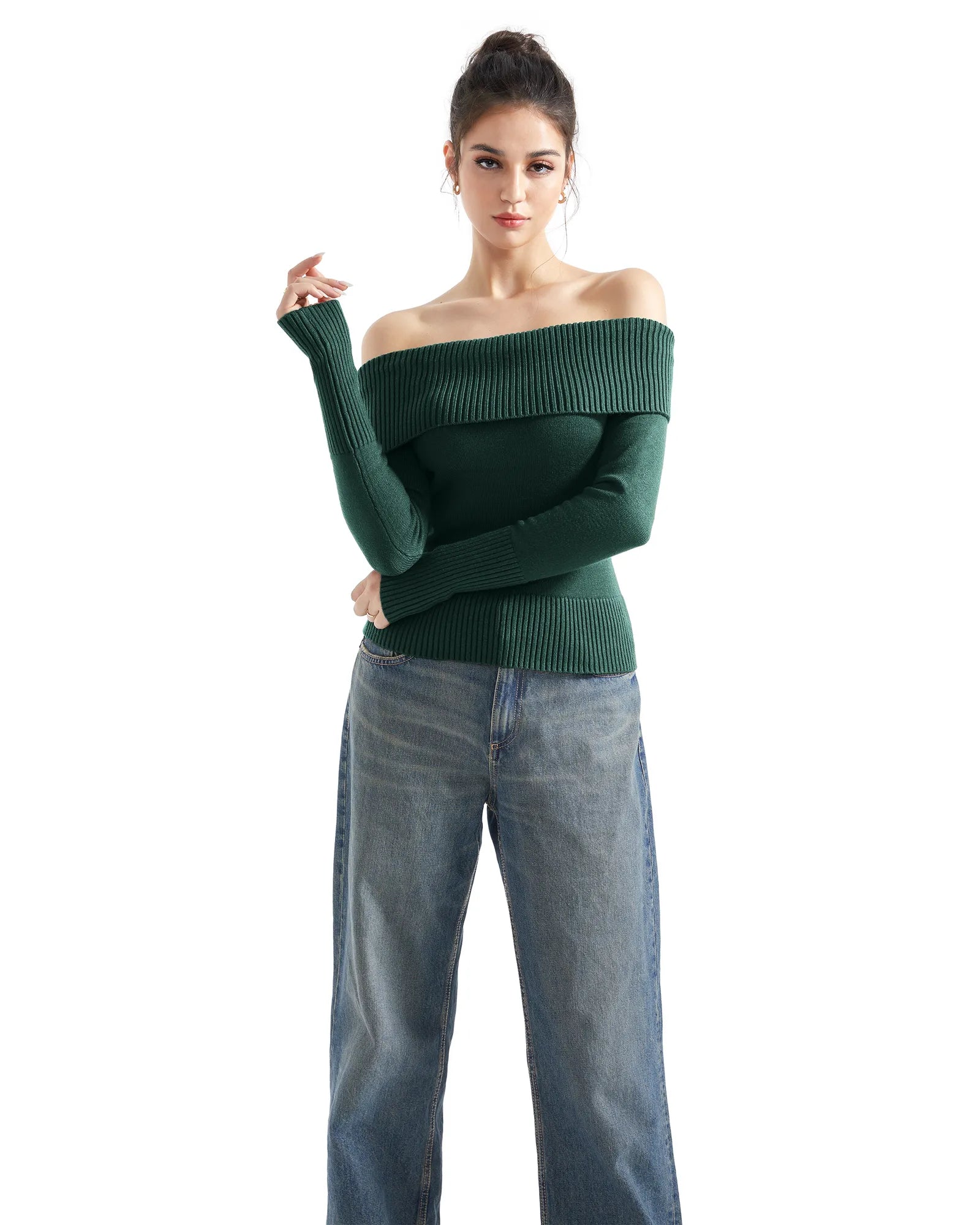 Geripptes, schulterfreies Pullover-Shirt – Langarm