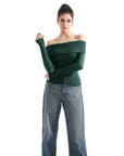 Geripptes, schulterfreies Pullover-Shirt – Langarm