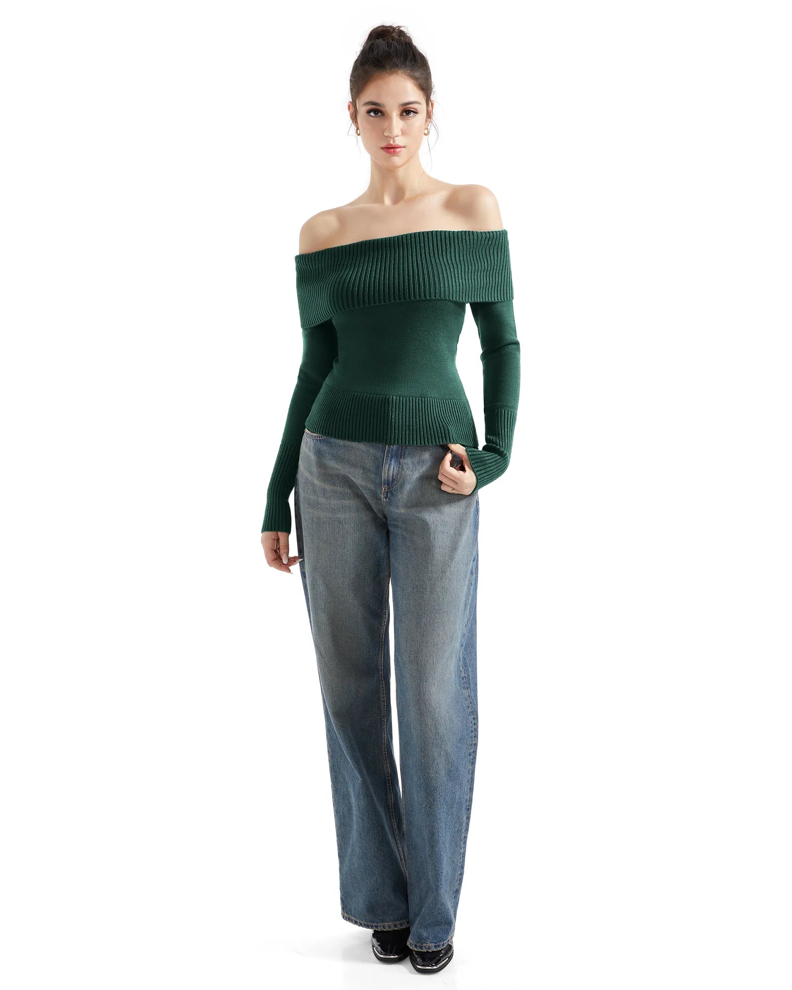 Geripptes, schulterfreies Pullover-Shirt – Langarm