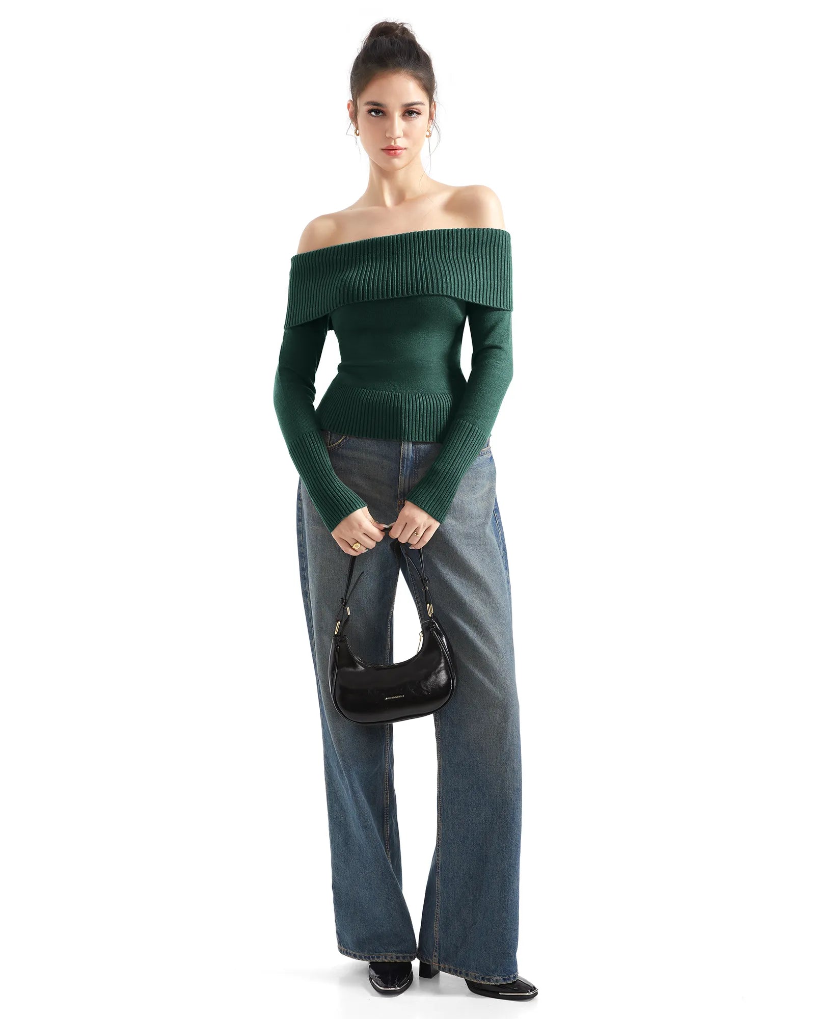 Geripptes, schulterfreies Pullover-Shirt – Langarm