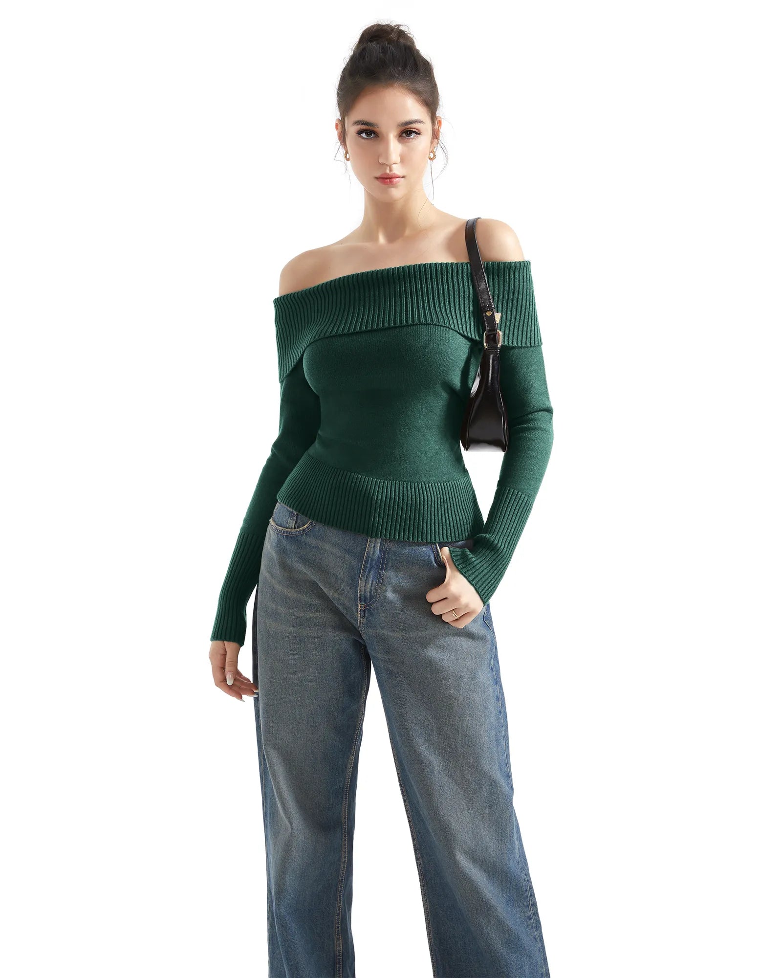 Geripptes, schulterfreies Pullover-Shirt – Langarm