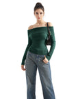 Geripptes, schulterfreies Pullover-Shirt – Langarm