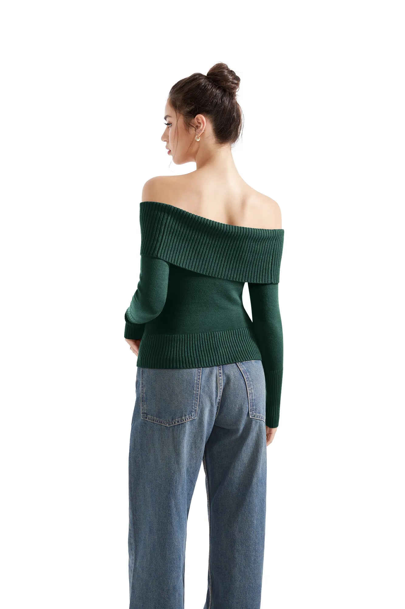 Geripptes, schulterfreies Pullover-Shirt – Langarm