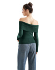 Geripptes, schulterfreies Pullover-Shirt – Langarm