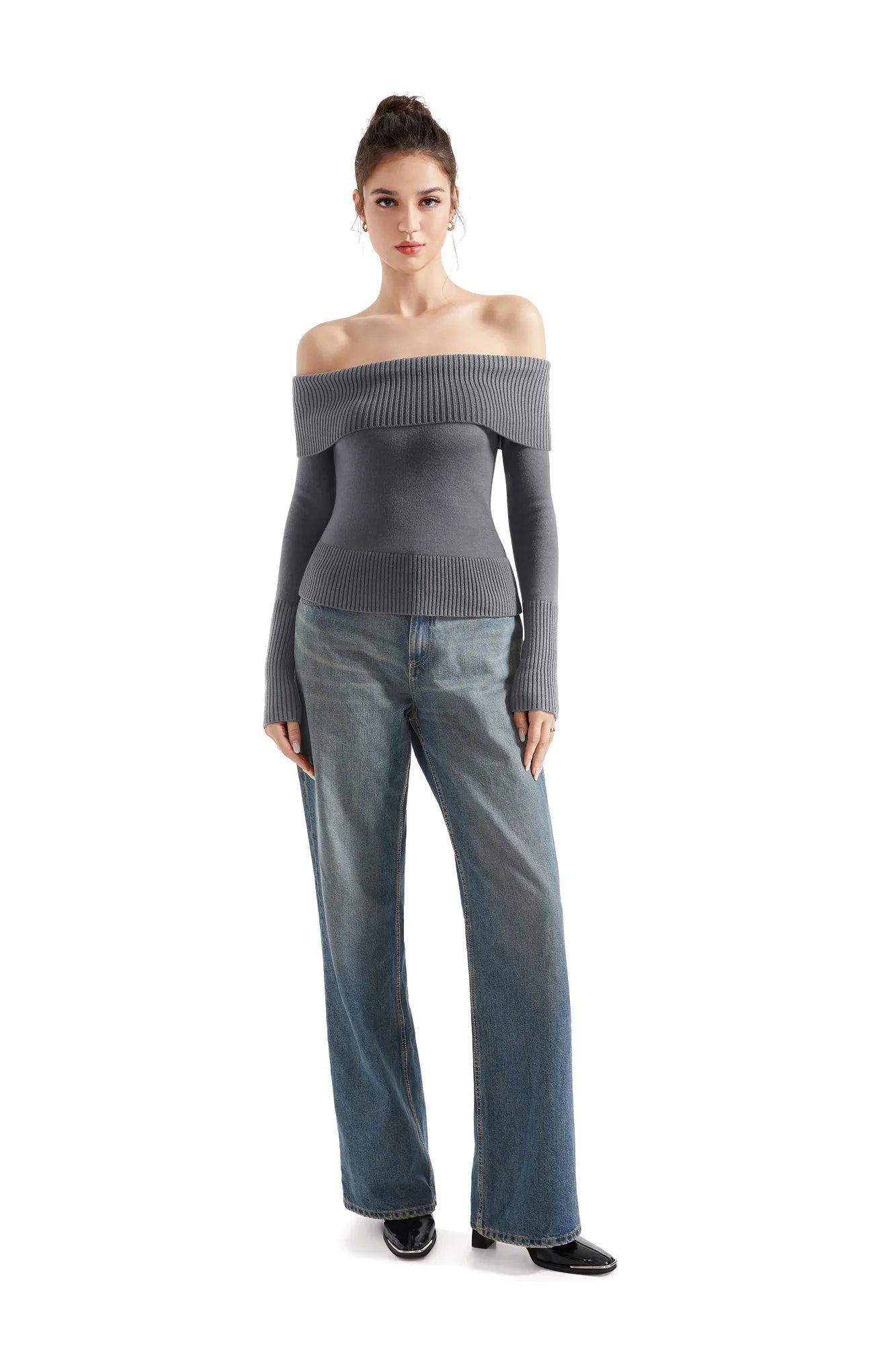 Geripptes, schulterfreies Pullover-Shirt – Langarm