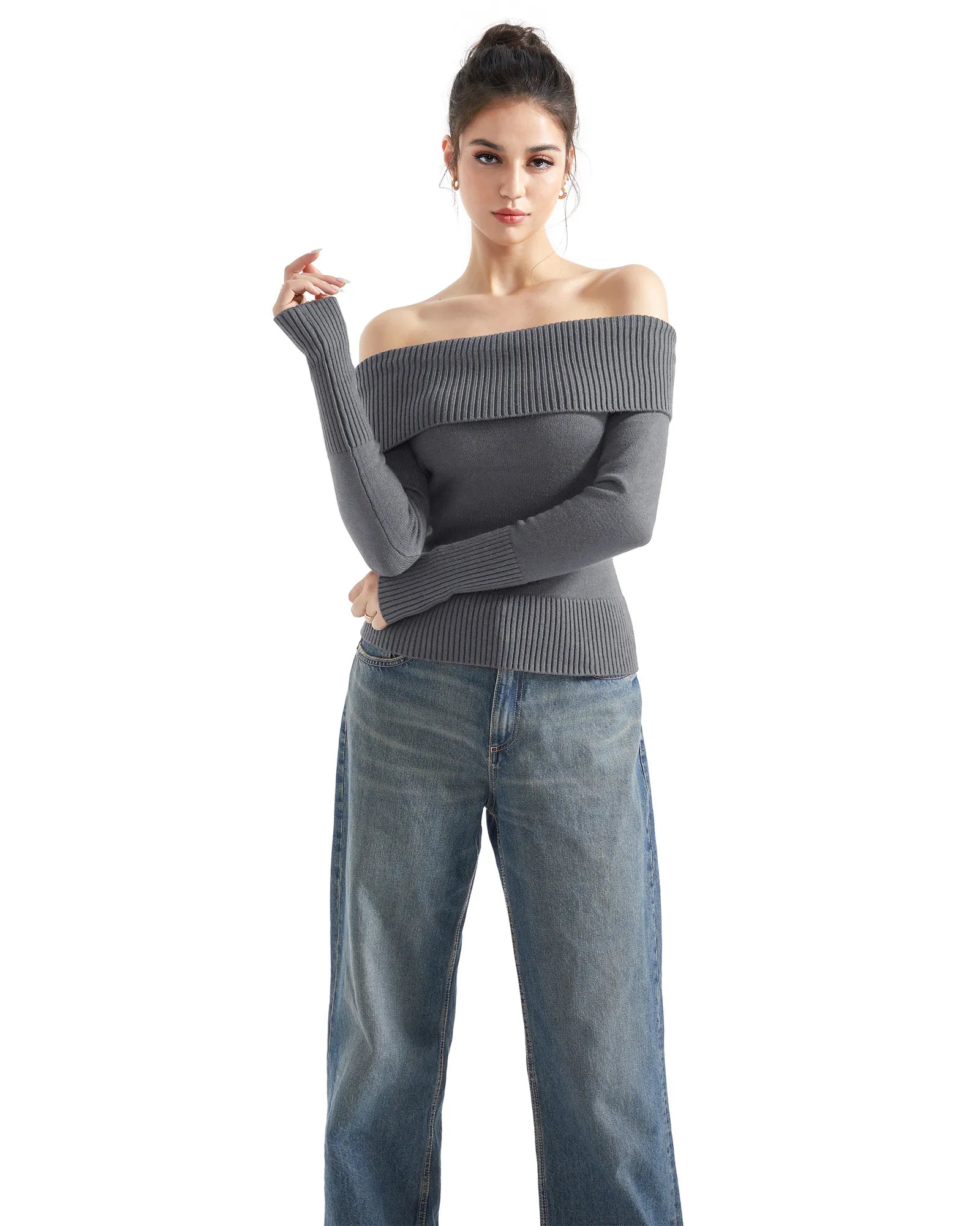 Geripptes, schulterfreies Pullover-Shirt – Langarm