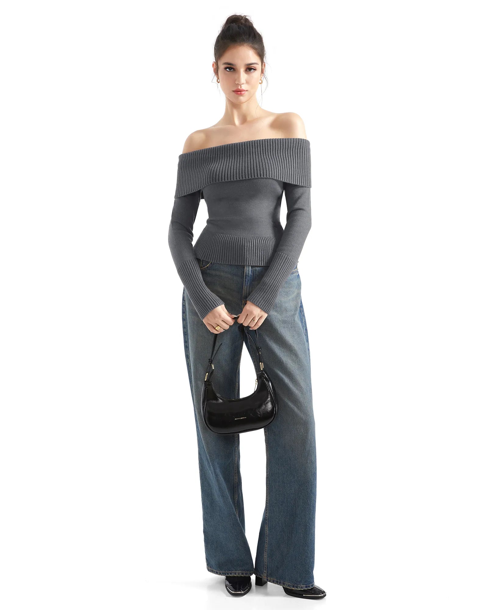 Geripptes, schulterfreies Pullover-Shirt – Langarm