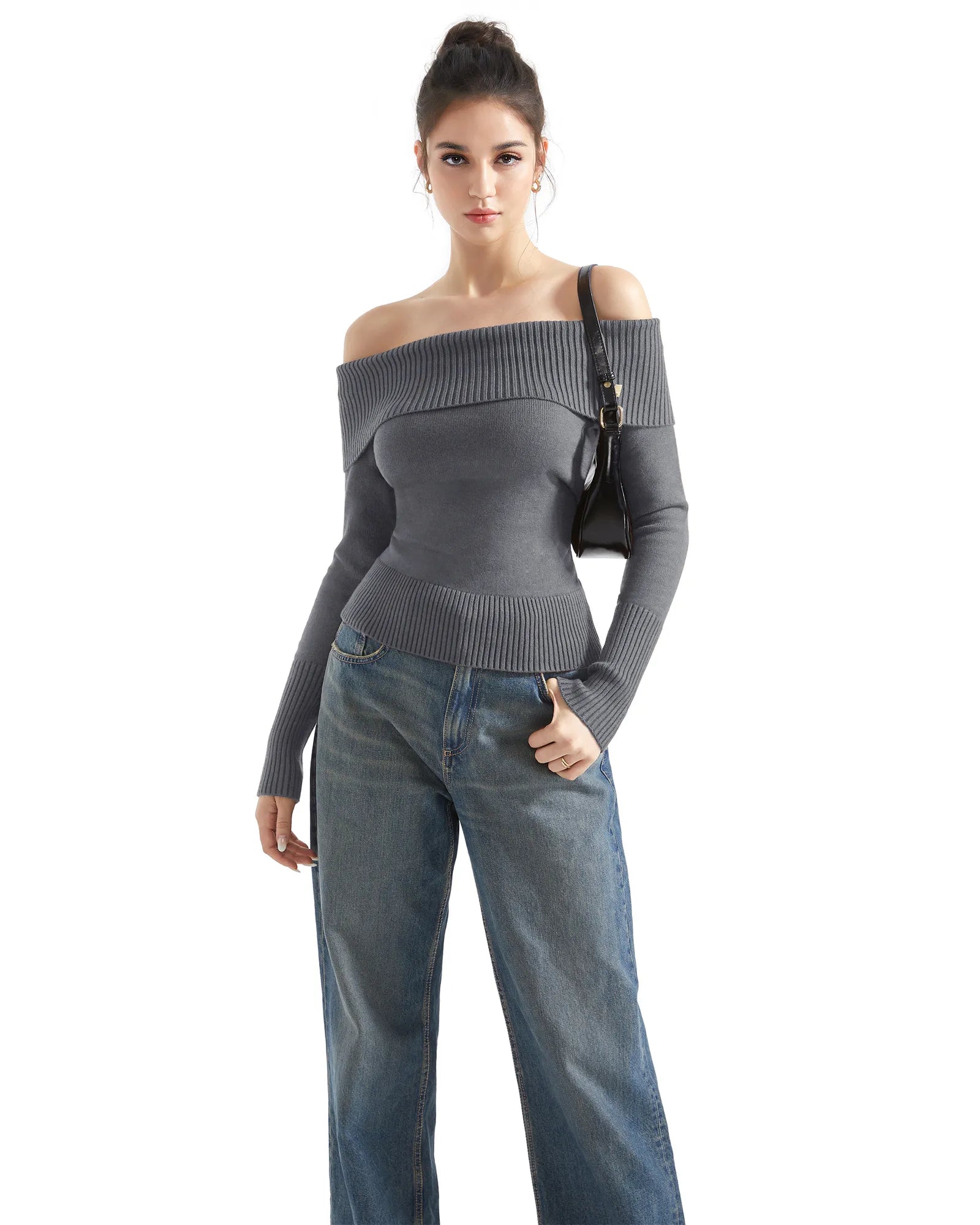 Geripptes, schulterfreies Pullover-Shirt – Langarm