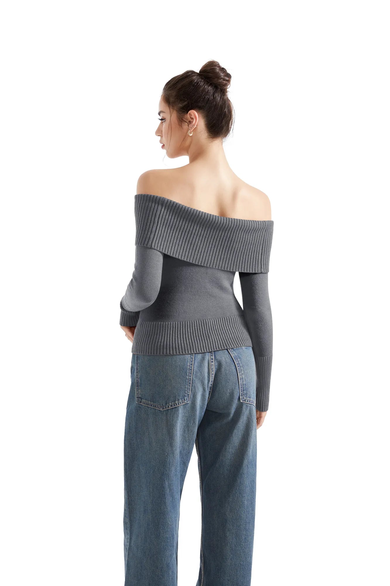 Geripptes, schulterfreies Pullover-Shirt – Langarm