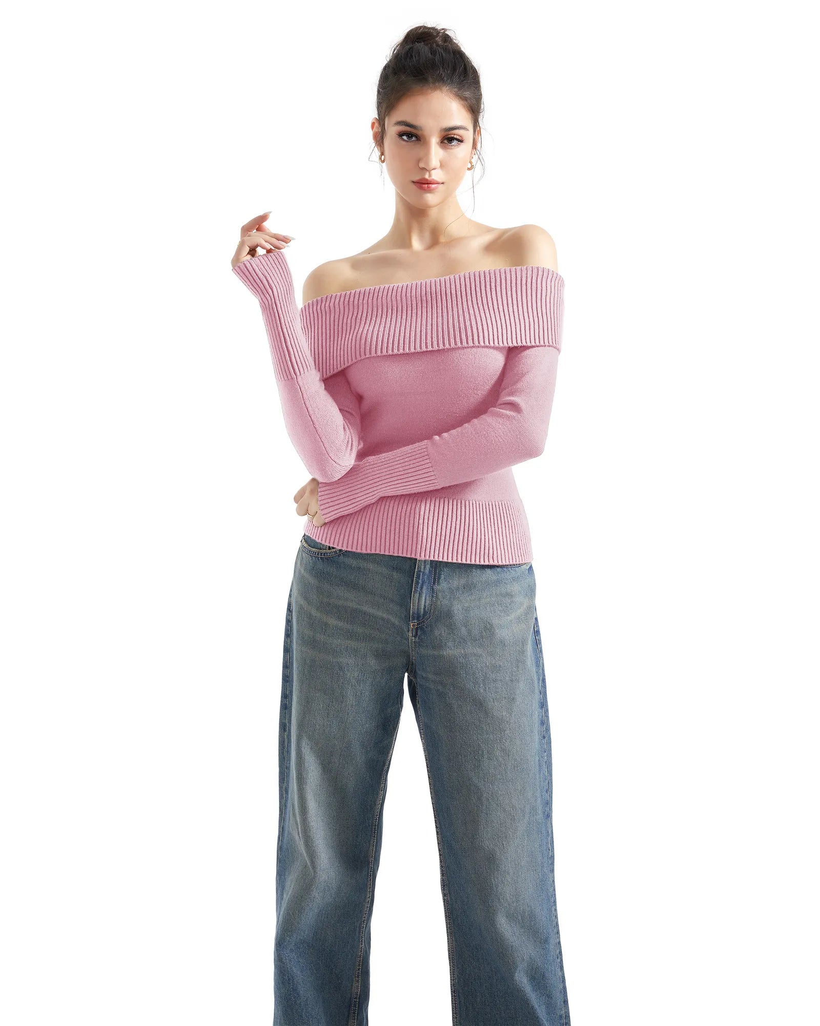 Geripptes, schulterfreies Pullover-Shirt – Langarm