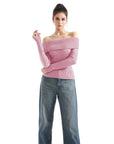 Geripptes, schulterfreies Pullover-Shirt – Langarm