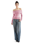 Geripptes, schulterfreies Pullover-Shirt – Langarm