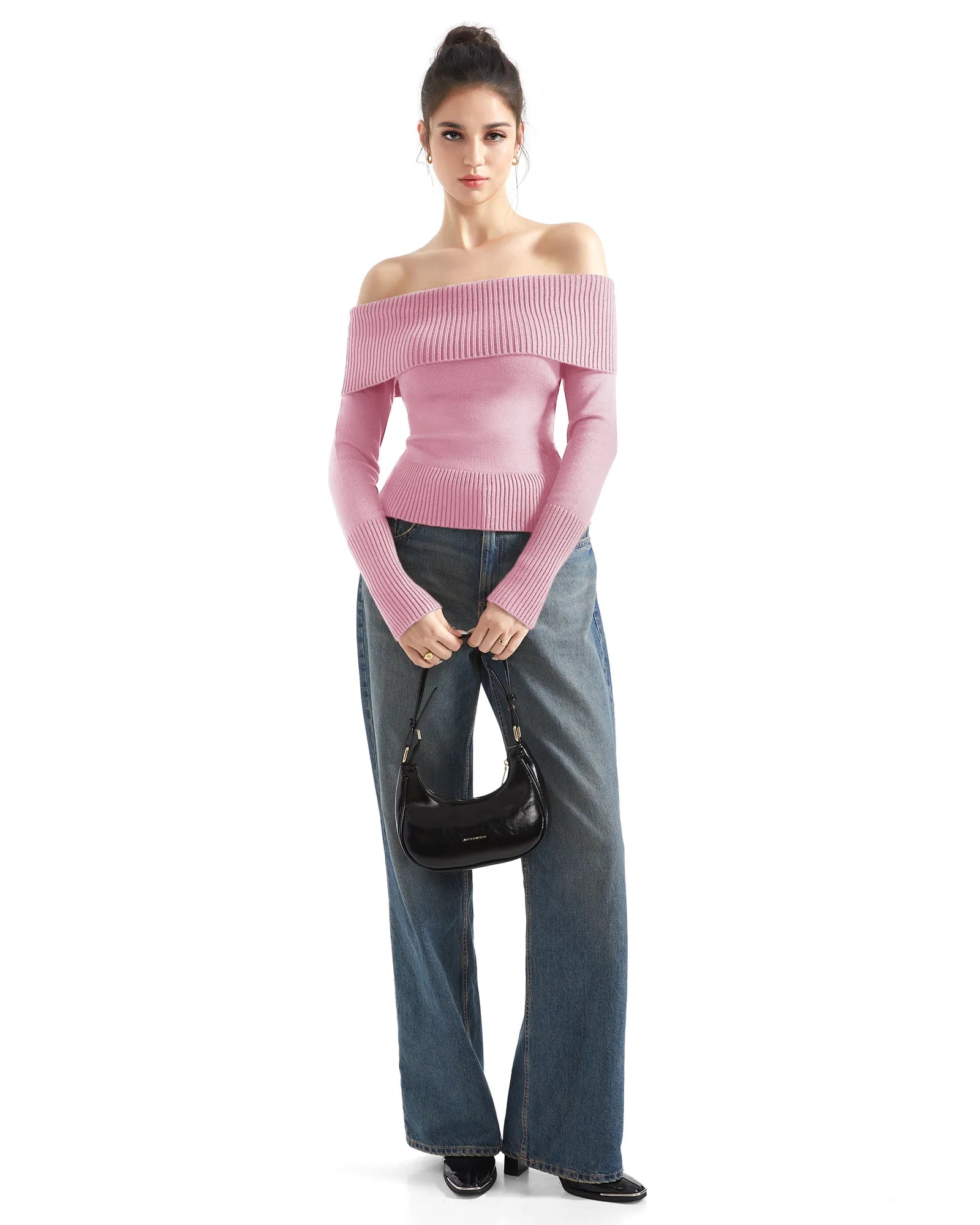 Geripptes, schulterfreies Pullover-Shirt – Langarm
