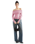 Geripptes, schulterfreies Pullover-Shirt – Langarm