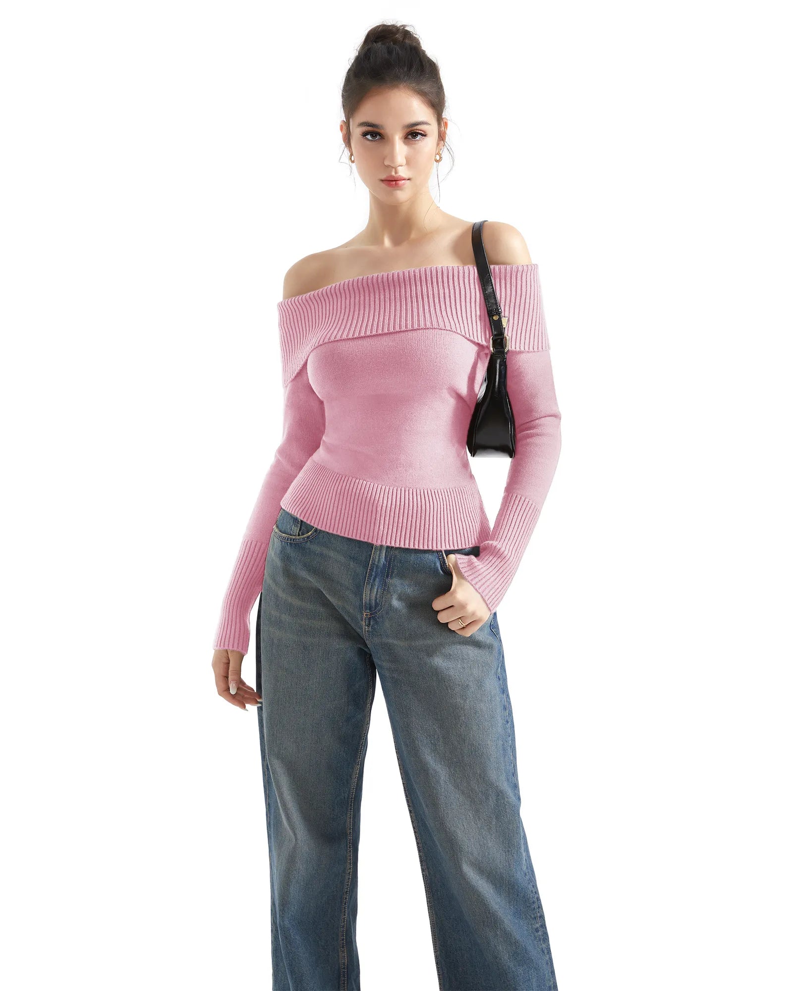 Geripptes, schulterfreies Pullover-Shirt – Langarm