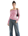 Geripptes, schulterfreies Pullover-Shirt – Langarm