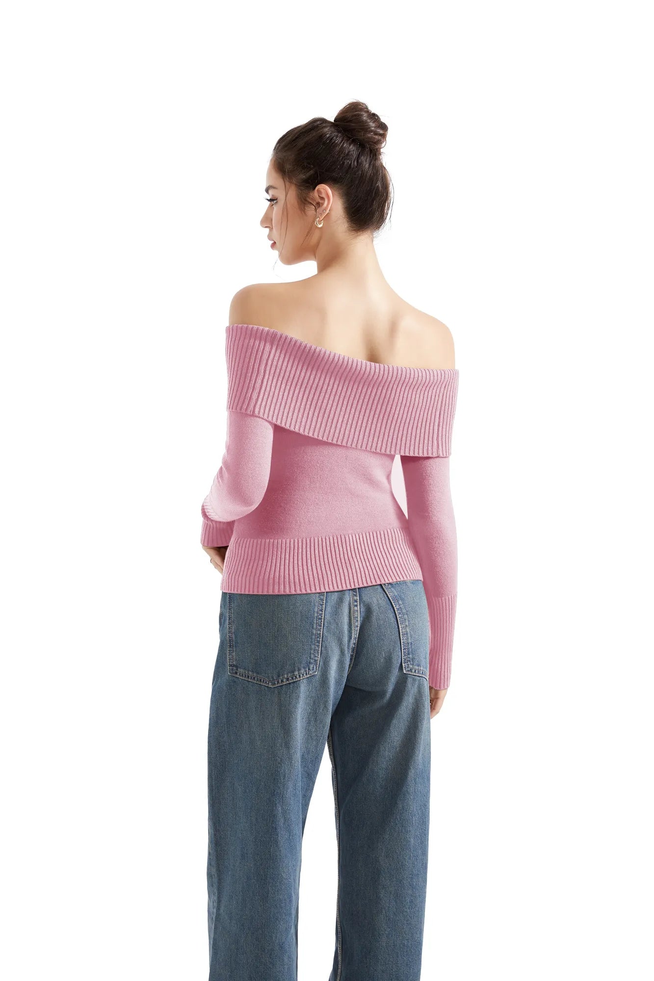 Geripptes, schulterfreies Pullover-Shirt – Langarm