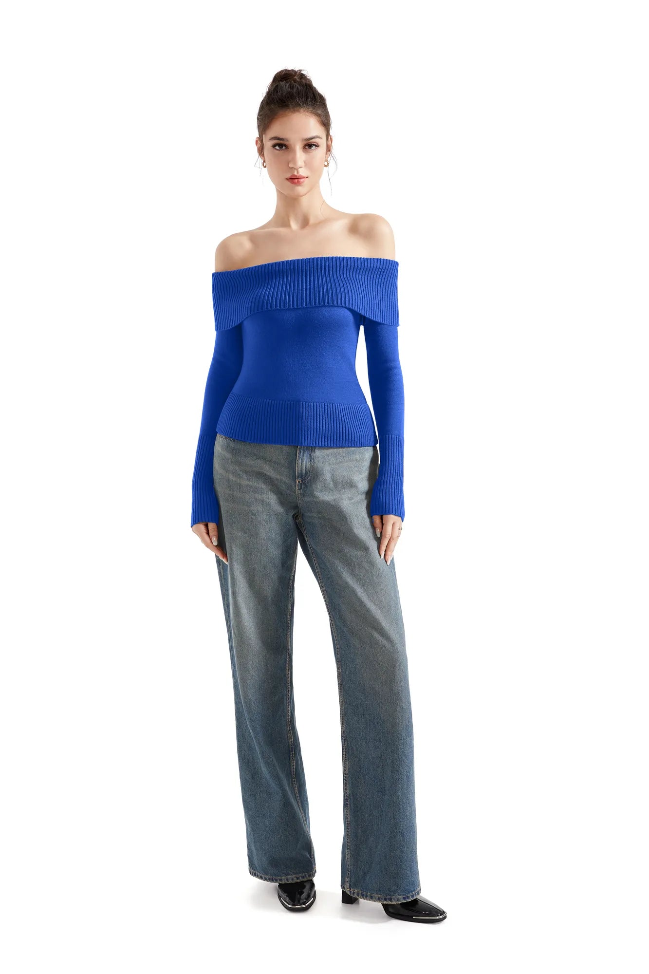 Geripptes, schulterfreies Pullover-Shirt – Langarm