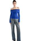 Geripptes, schulterfreies Pullover-Shirt – Langarm