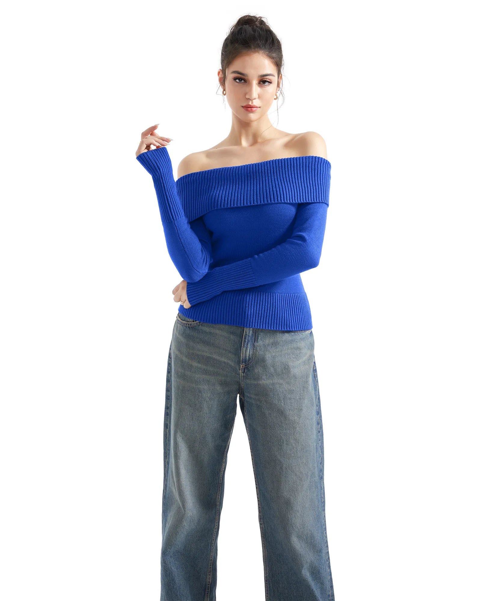 Geripptes, schulterfreies Pullover-Shirt – Langarm
