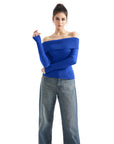 Geripptes, schulterfreies Pullover-Shirt – Langarm