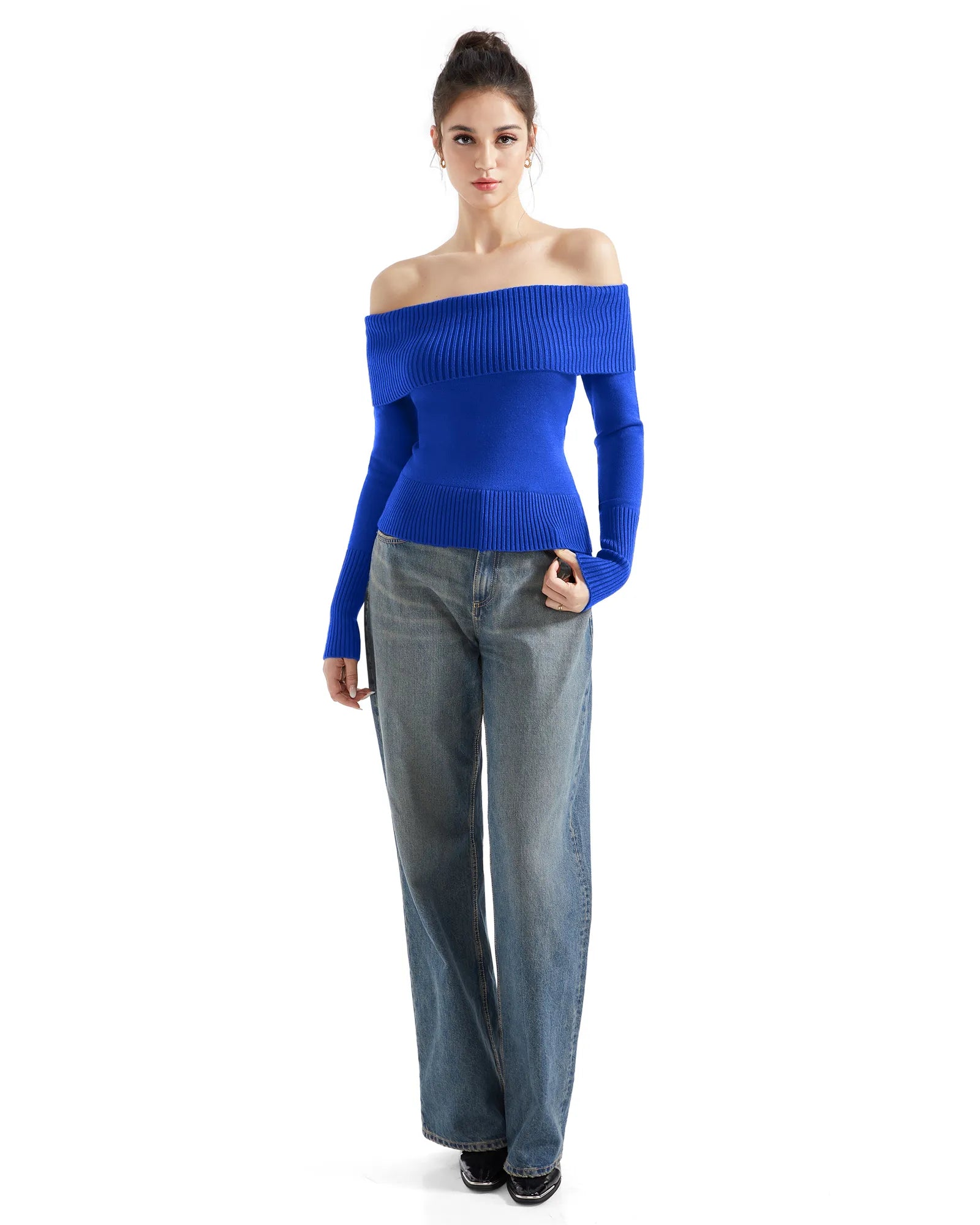 Geripptes, schulterfreies Pullover-Shirt – Langarm