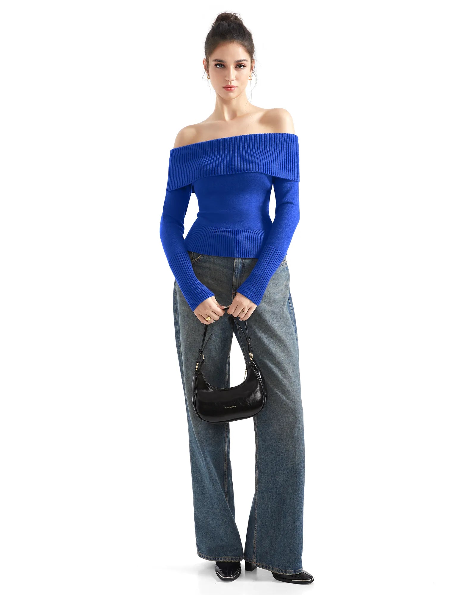 Geripptes, schulterfreies Pullover-Shirt – Langarm