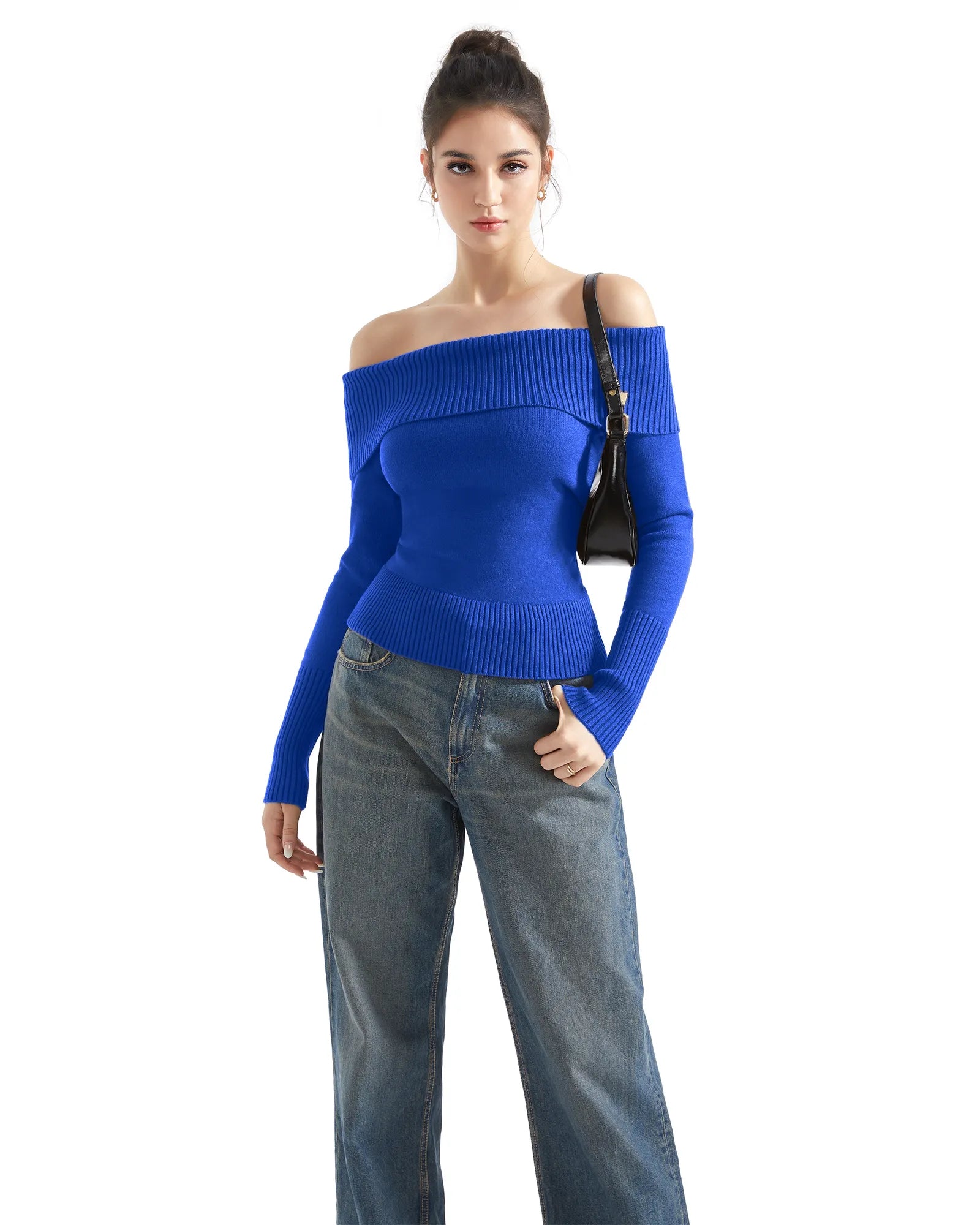 Geripptes, schulterfreies Pullover-Shirt – Langarm