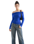Geripptes, schulterfreies Pullover-Shirt – Langarm