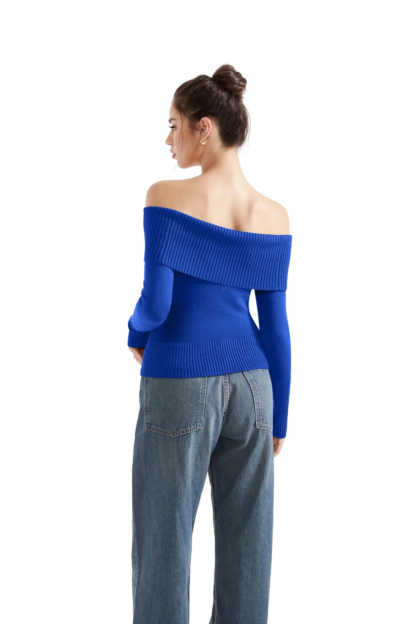 Geripptes, schulterfreies Pullover-Shirt – Langarm