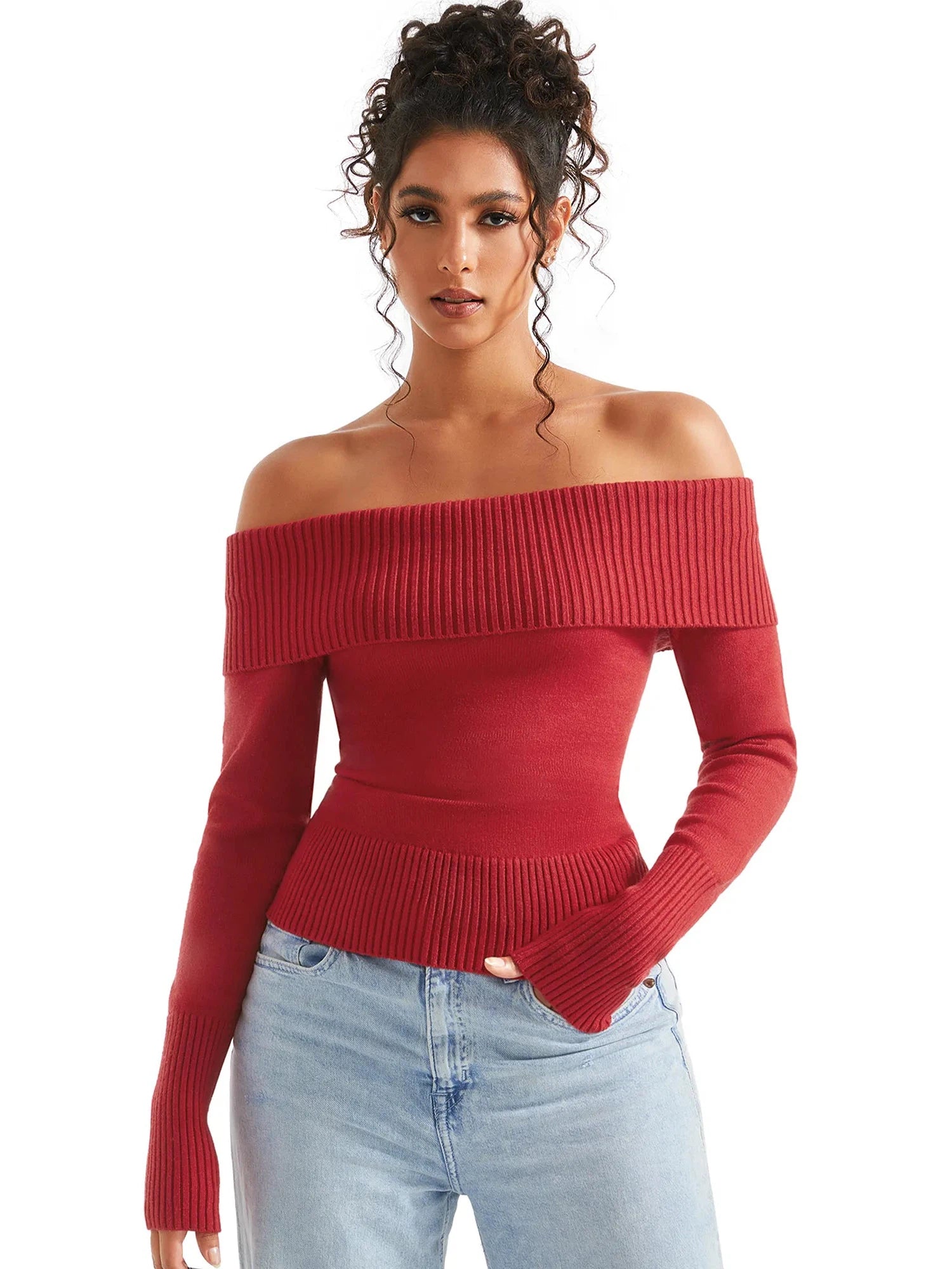 Ribbed Off Shoulder Sweater Shirt - Long Sleeve-SUUKSESS-Red-XS-SUUKSESS