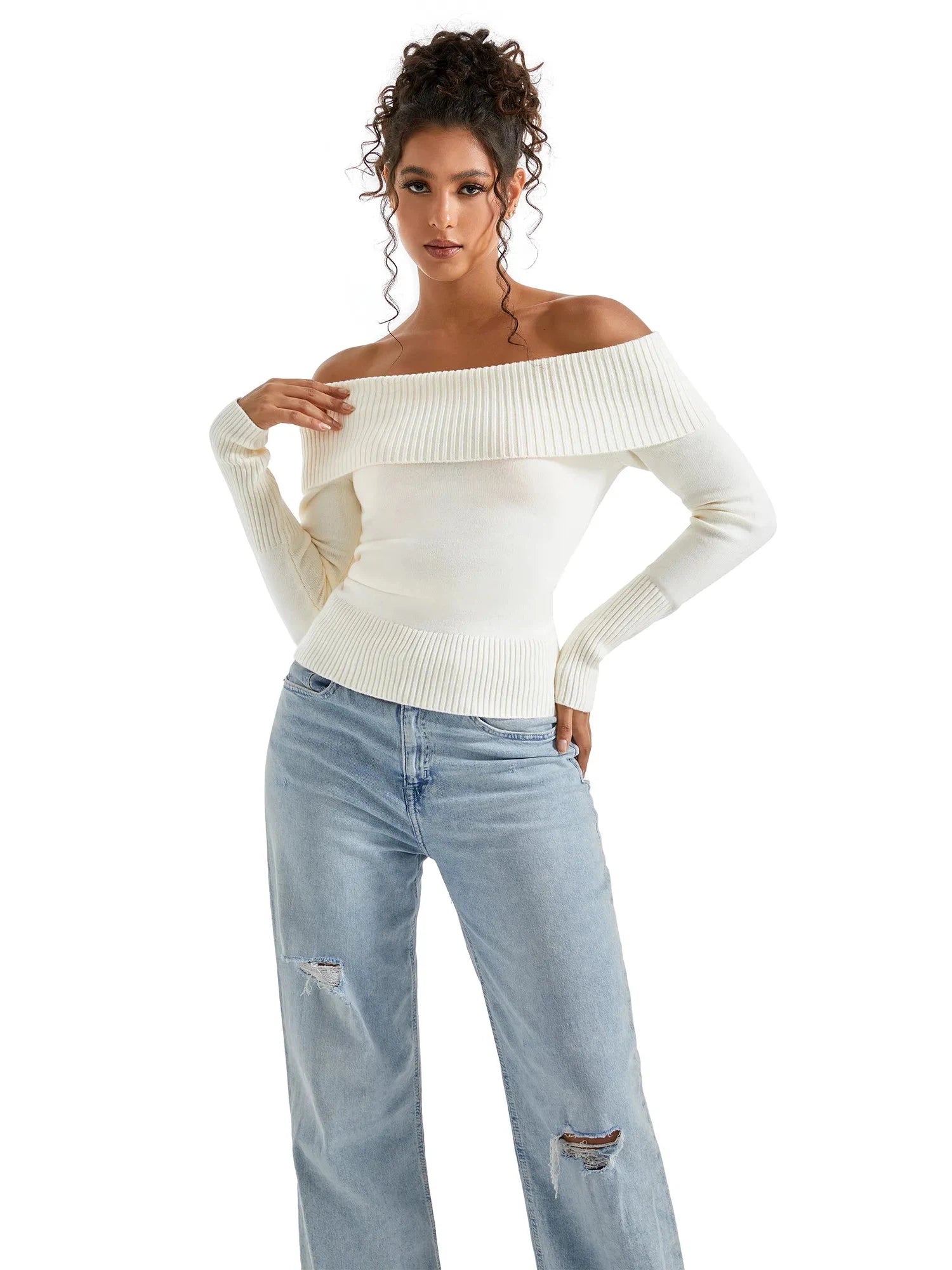 Ribbed Off Shoulder Sweater Shirt - Long Sleeve-SUUKSESS-White-XS-SUUKSESS
