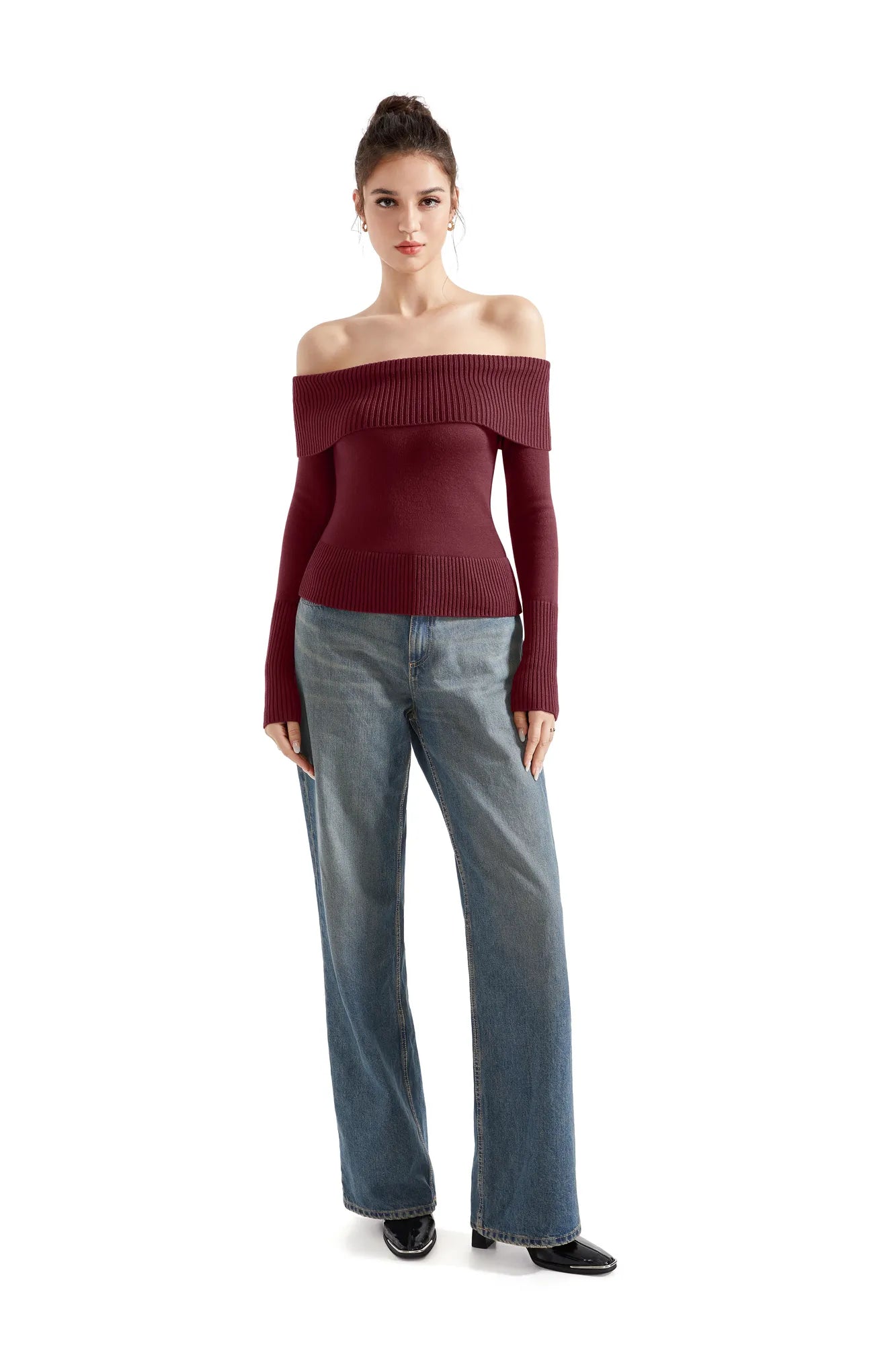 Geripptes, schulterfreies Pullover-Shirt – Langarm