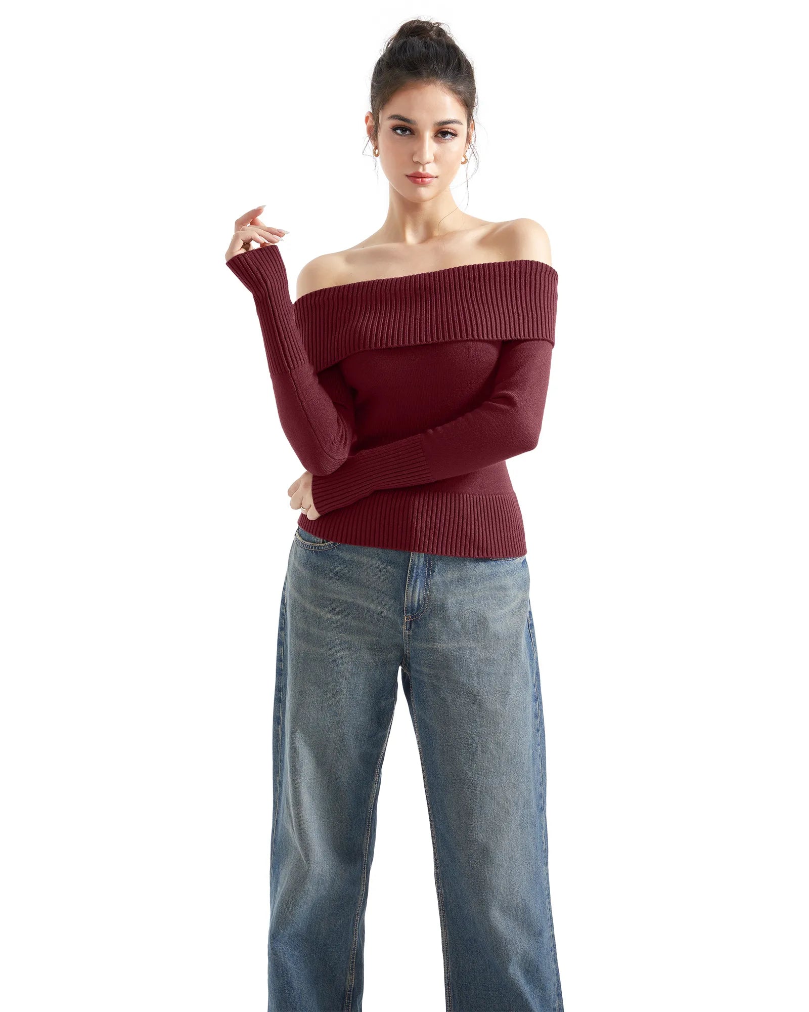Geripptes, schulterfreies Pullover-Shirt – Langarm