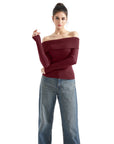 Geripptes, schulterfreies Pullover-Shirt – Langarm