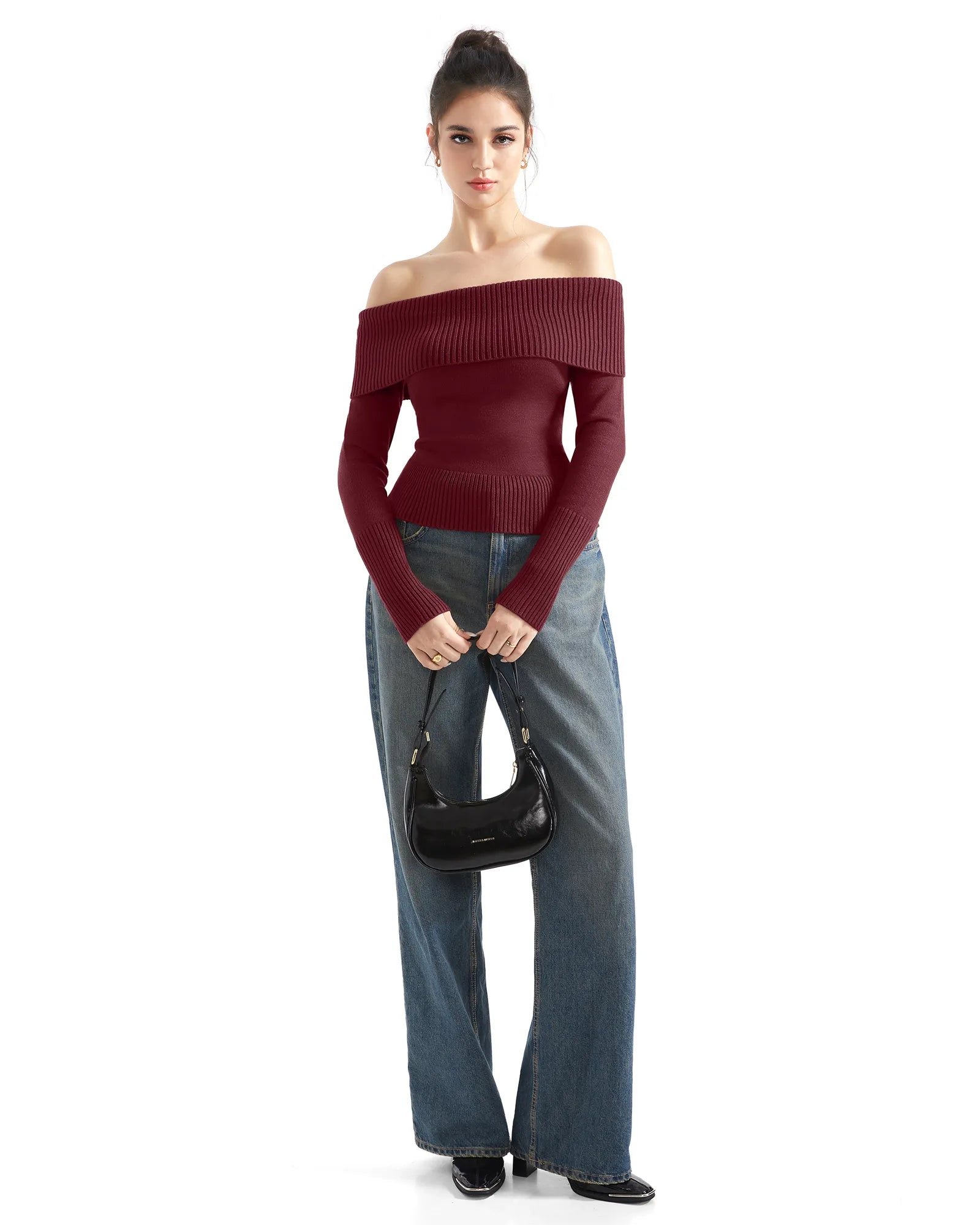 Geripptes, schulterfreies Pullover-Shirt – Langarm