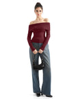 Geripptes, schulterfreies Pullover-Shirt – Langarm