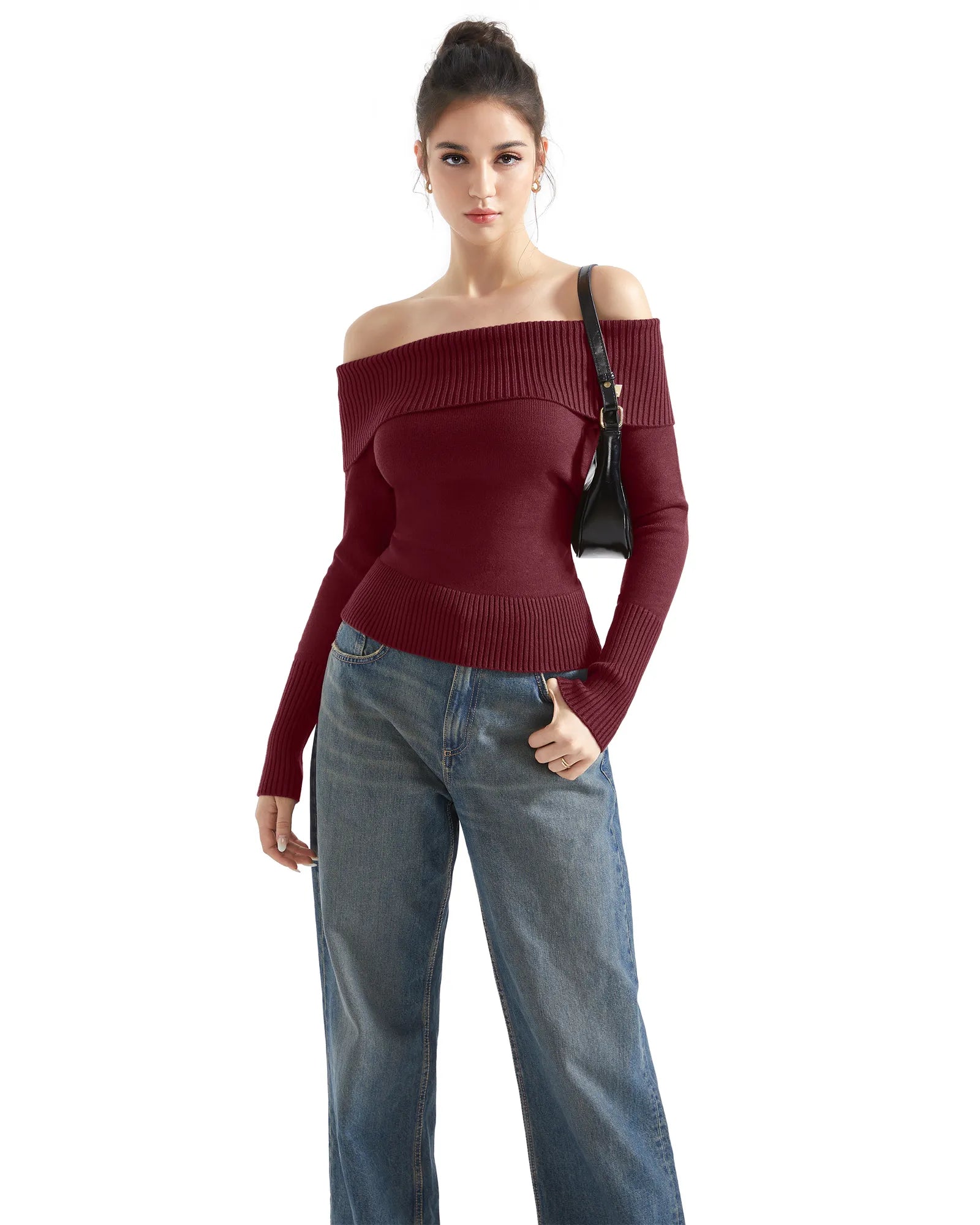 Geripptes, schulterfreies Pullover-Shirt – Langarm